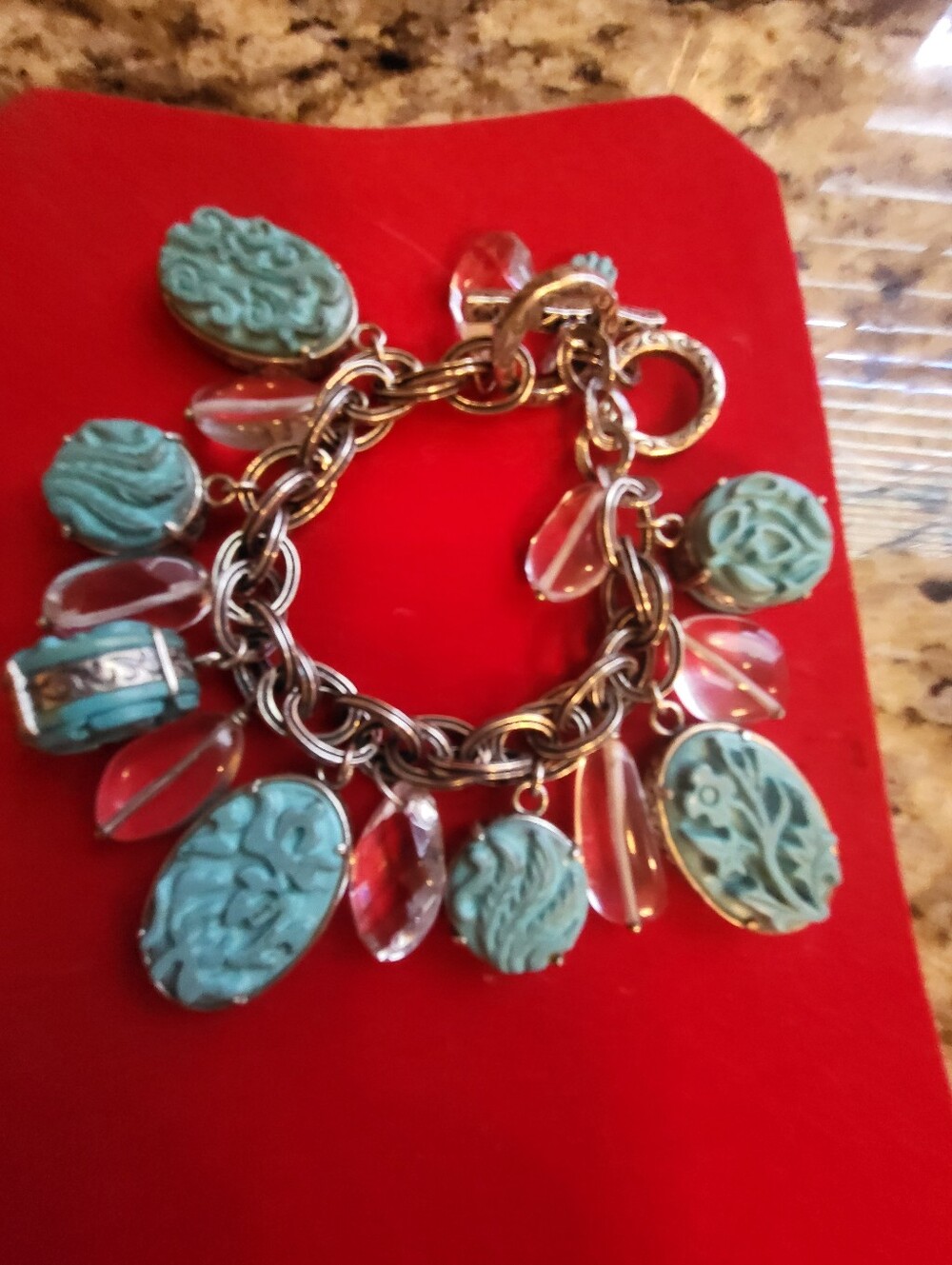 Silpada Sterling Turquoise Charm Bracelet with Carved Stone and Crystal Drops